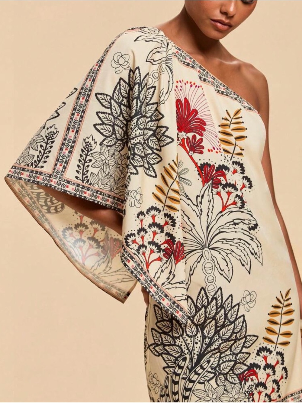 Cream fOne-Shoulder Floral Dress with Red & Black Accents. New without tags.